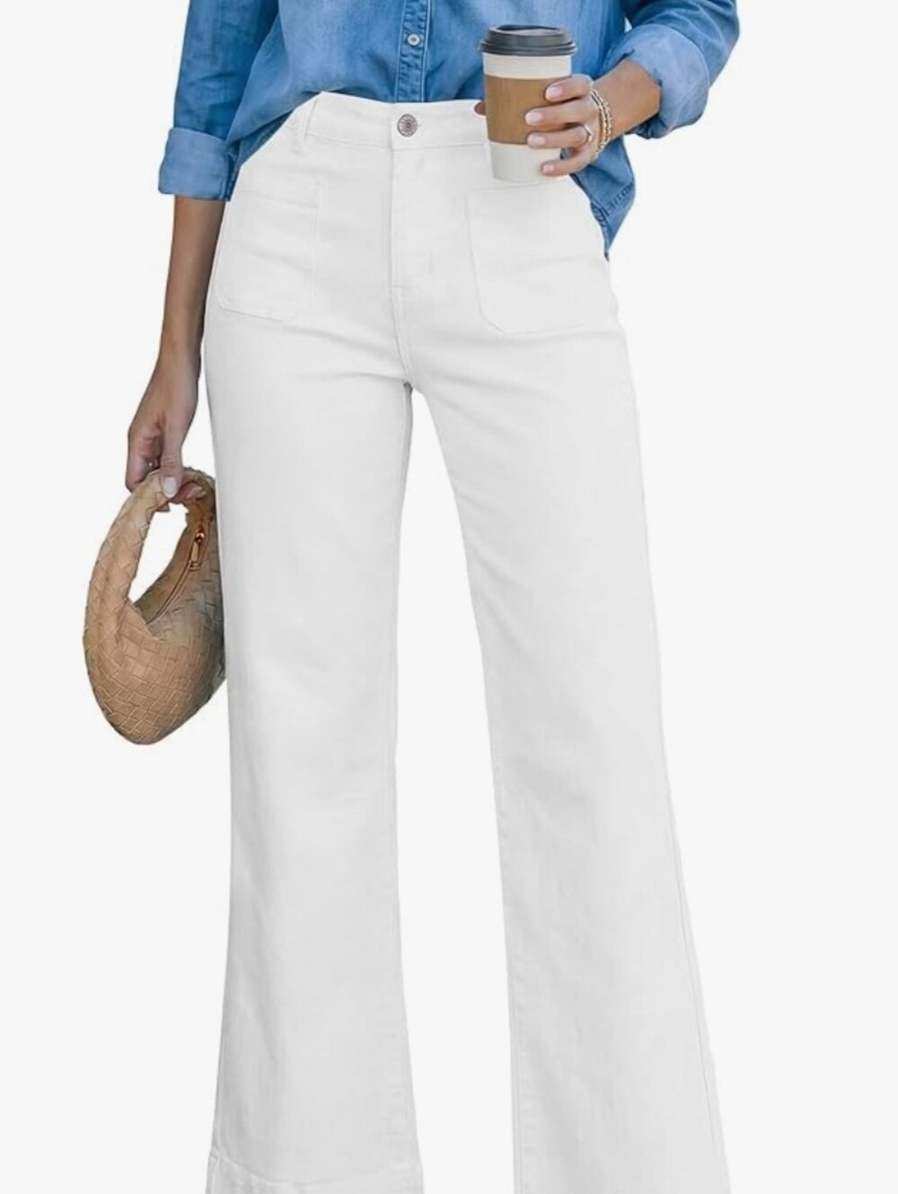Women's high-waisted, wide leg, white jeans.